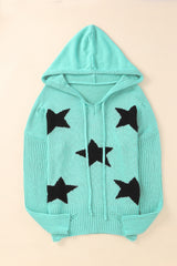 Green V Neck Star Pattern Hooded Sweater with Slits Sweaters & Cardigans JT's Designer Fashion
