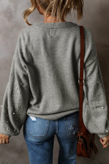 Light Grey Pearled Drop Shoulder Round Neck Sweater Sweaters JT's Designer Fashion