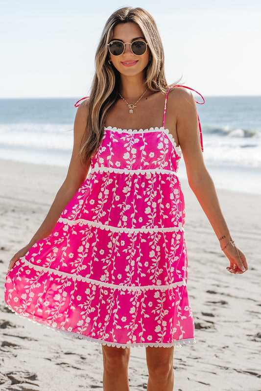Pink Floral Print Ric Rac Patched Sleeveless Mini Dress Pink 100%Polyester Floral Dresses JT's Designer Fashion