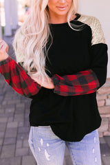Black Crewneck Lantern Sleeve Plaid Sequin Splicing Blouse Long Sleeve Tops JT's Designer Fashion