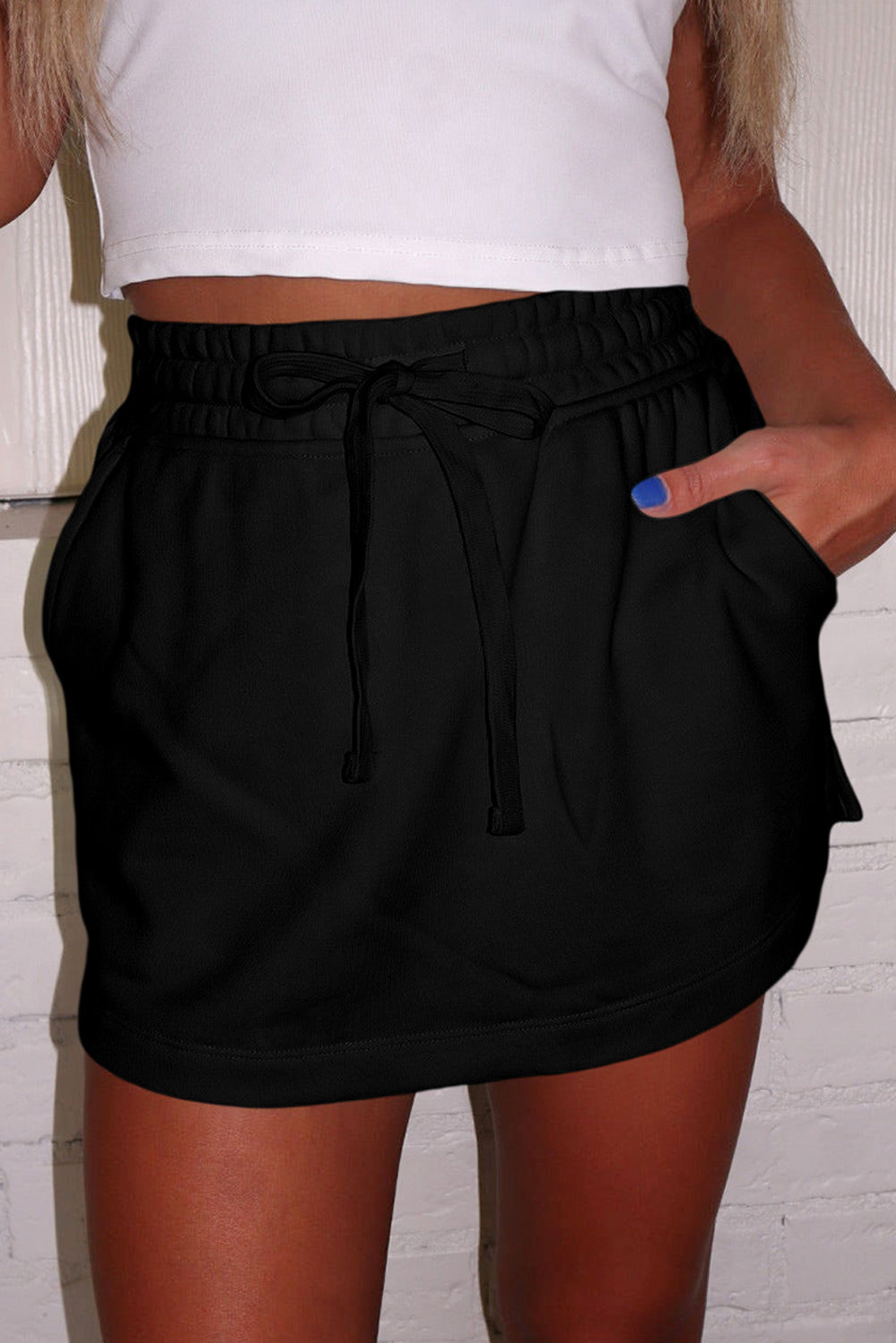 Black French Terry Drawstring Mini Skort with Pockets Skirts & Petticoat JT's Designer Fashion