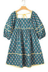 Skobeloff Floral Contrast Trim Square Neck Puff Sleeve Dress Floral Dresses JT's Designer Fashion