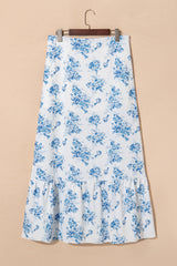 Sky Blue Boho Floral High Waist Ruffle Split Maxi Skirt Skirts & Petticoat JT's Designer Fashion