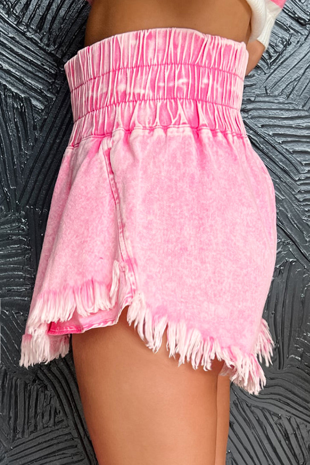 Pink Washed Wide Smocked Waistband Frayed Denim Shorts Denim Shorts JT's Designer Fashion