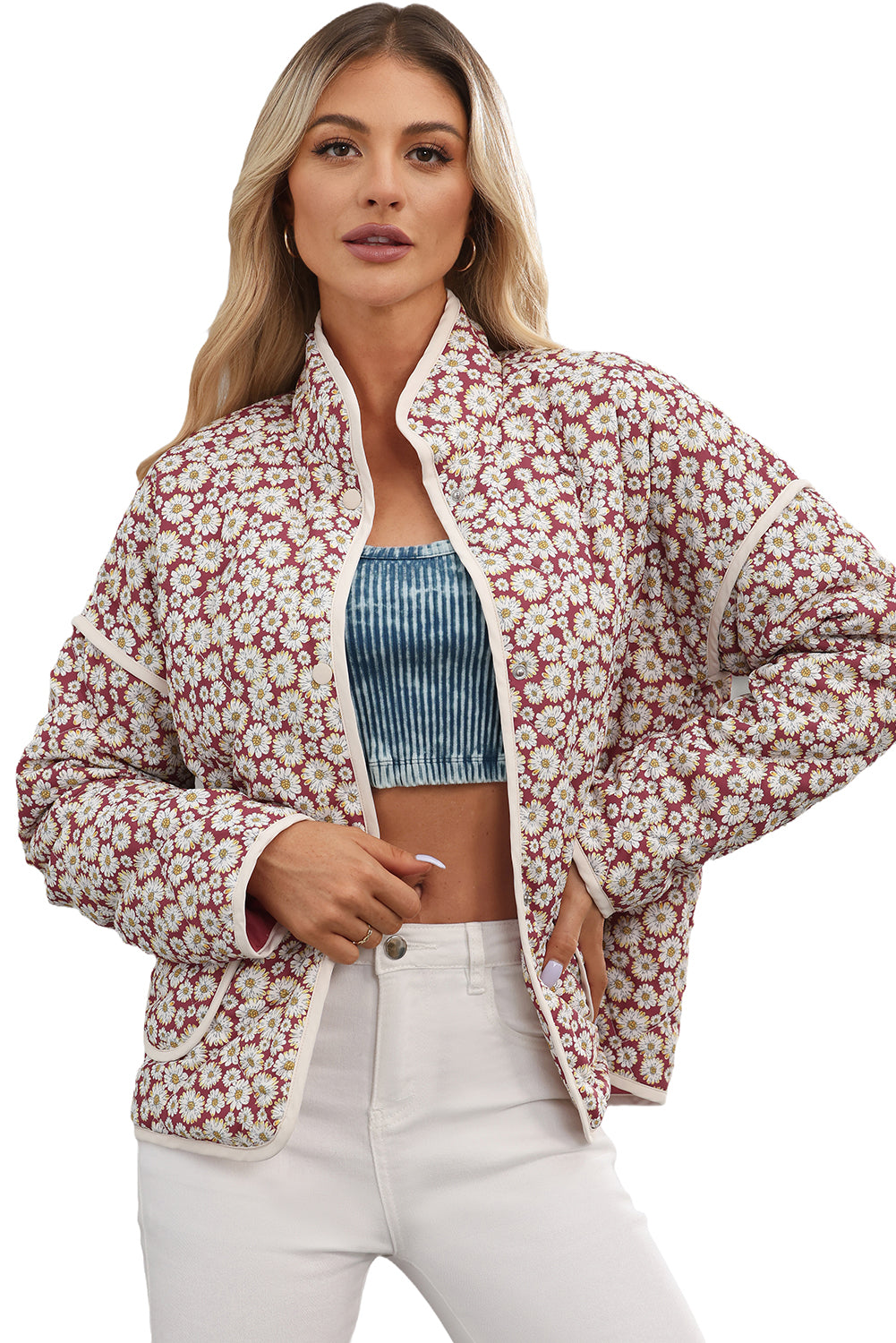 Pink Floral Print Contrast Edge Pocketed Stand Neck Jacket Jackets JT's Designer Fashion