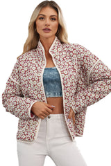 Pink Floral Print Contrast Edge Pocketed Stand Neck Jacket Jackets JT's Designer Fashion