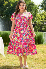 Pink Floral Print V Neck Pocketed High Waist Plus Size Midi Dress Plus Size Midi Dresses JT's Designer Fashion