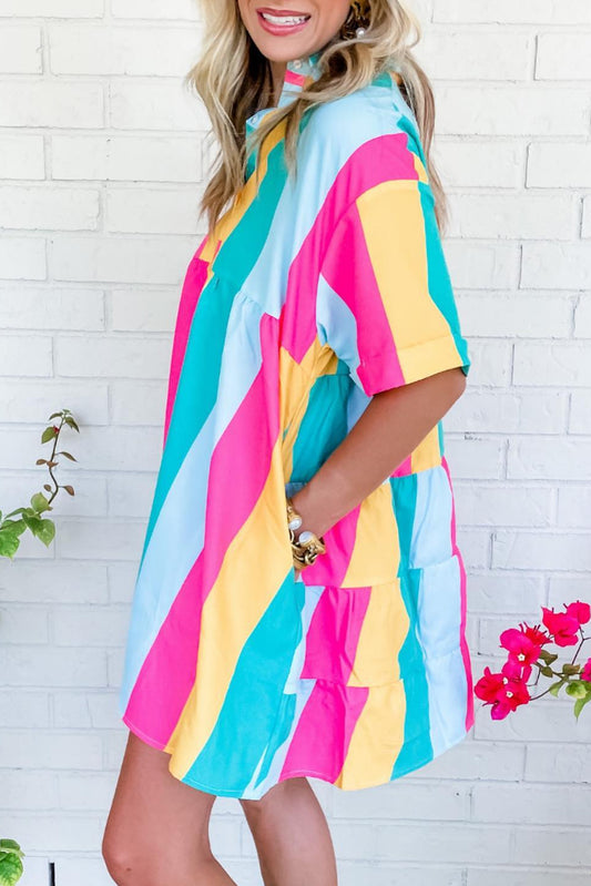 Rose Stripe Colorblock Short Sleeve Mini Shirt Dress Dresses JT's Designer Fashion