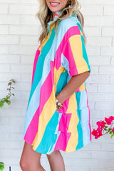 Rose Stripe Colorblock Short Sleeve Mini Shirt Dress Dresses JT's Designer Fashion