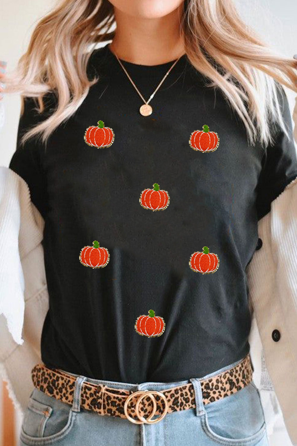 Black Chenille Pumpkin Patched Casual Cotton Blend T Shirt Graphic Tees JT's Designer Fashion