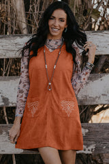 Gold Flame Corduroy Western Embroidered Patched Pocket Shift Sleeveless Mini Dress Mini Dresses JT's Designer Fashion