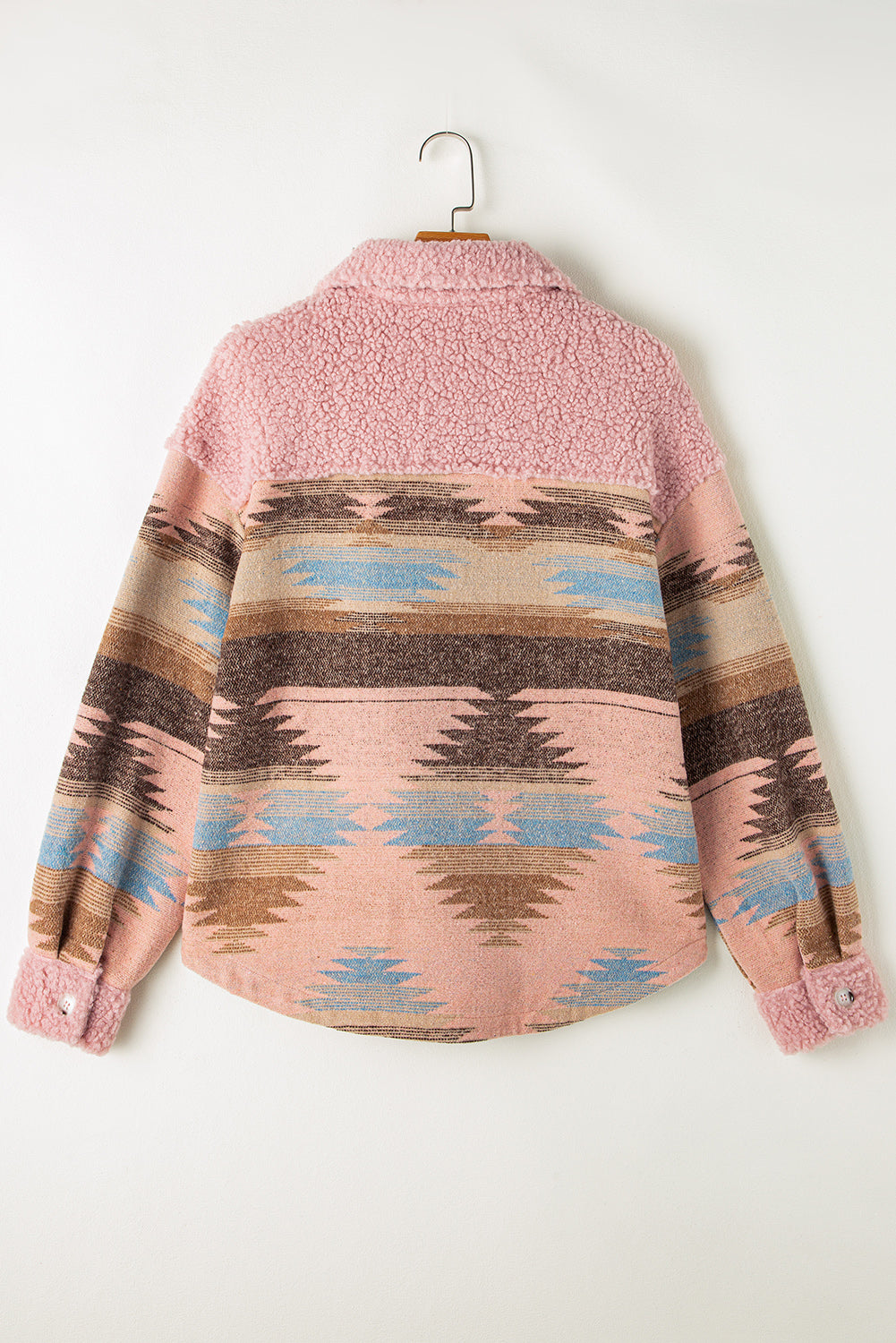 Pink Western Aztec Print Sherpa Splicing Buttoned Flap Pocket Coat Jackets JT's Designer Fashion