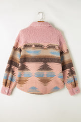 Pink Western Aztec Print Sherpa Splicing Buttoned Flap Pocket Coat Jackets JT's Designer Fashion