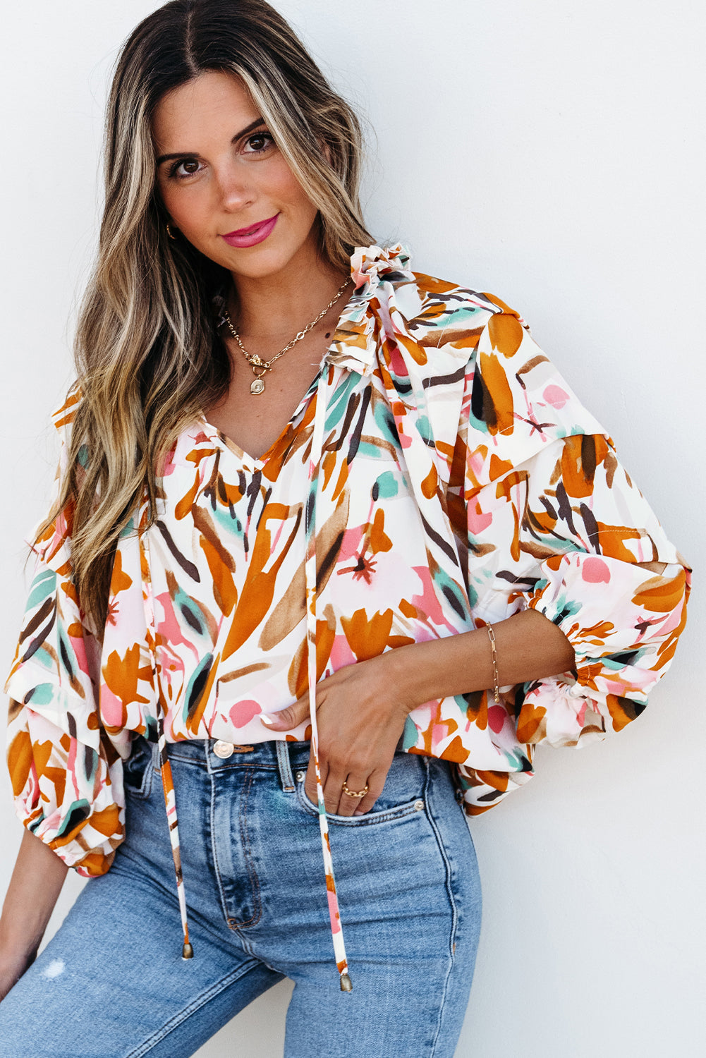 Yellow Abstract Print Drawstring Frilled V Neck 3/4 Sleeve Blouse Blouses & Shirts JT's Designer Fashion