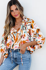 Yellow Abstract Print Drawstring Frilled V Neck 3/4 Sleeve Blouse Blouses & Shirts JT's Designer Fashion