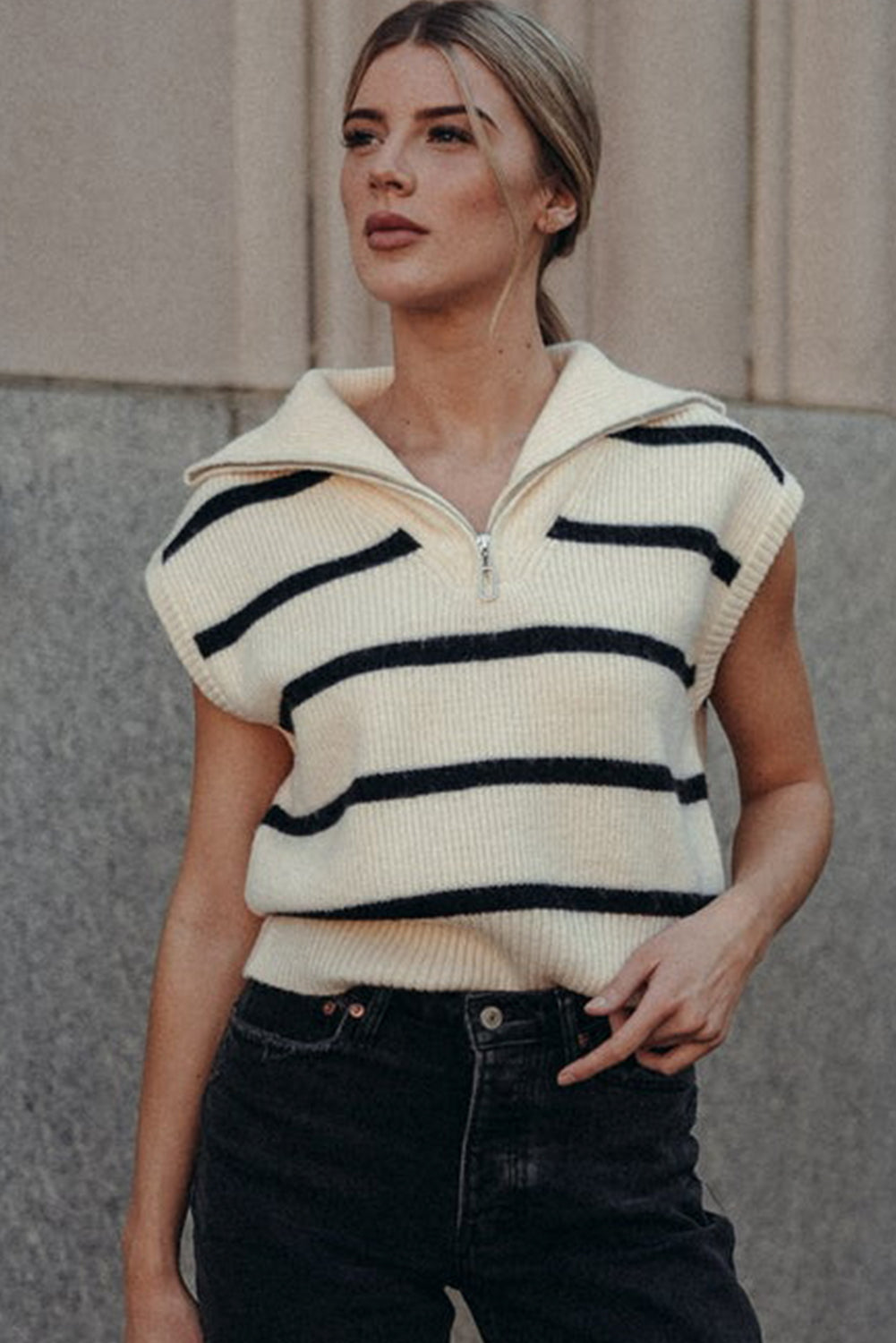 White Stripe Zipped Collar Cap Sleeve Knit Top Sweaters & Cardigans JT's Designer Fashion