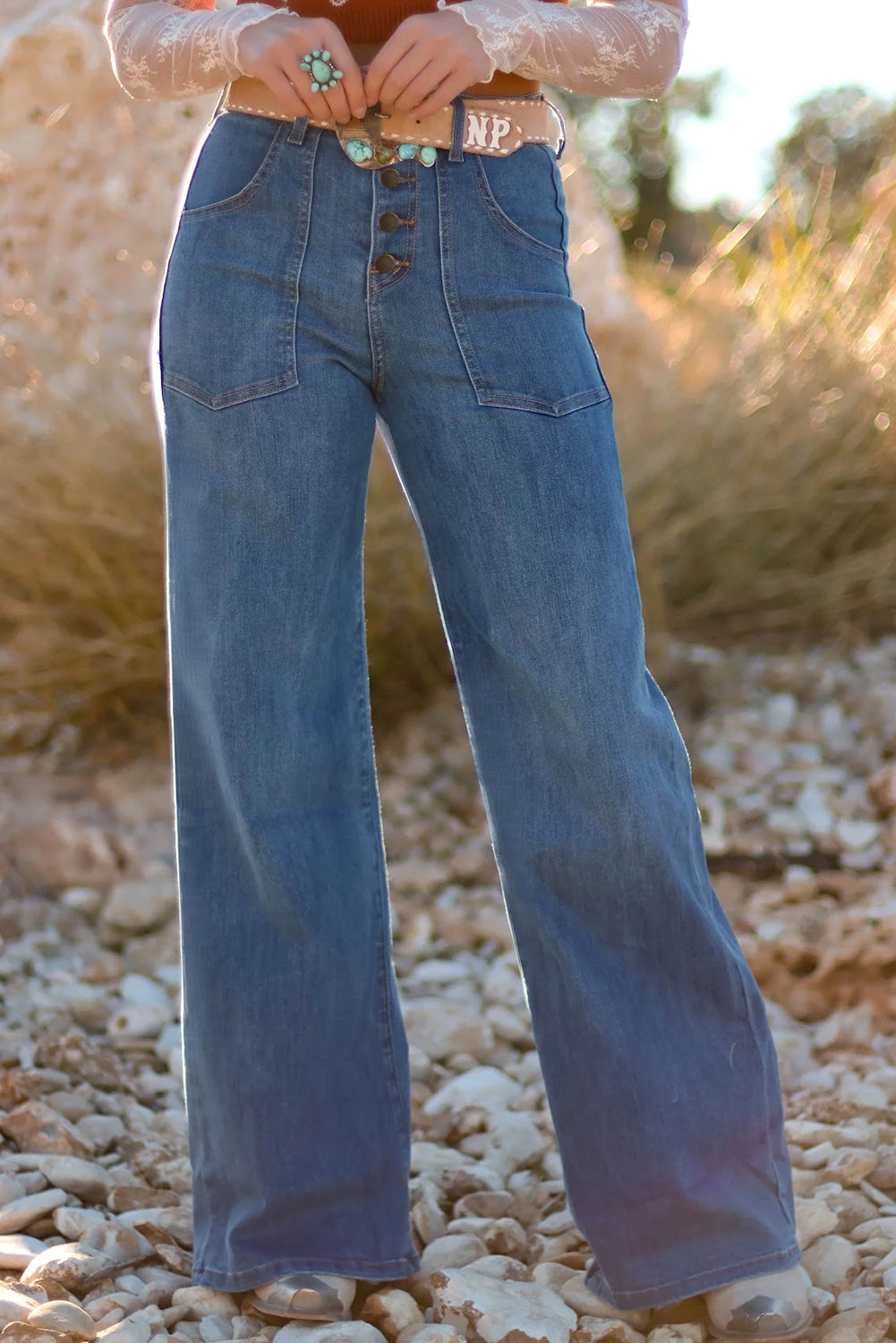 Ashleigh Blue Multi Buttons High Waist Wide Leg Jeans With Pockets Ashleigh Blue 75%Cotton+23%Polyester+2%Elastane Jeans JT's Designer Fashion