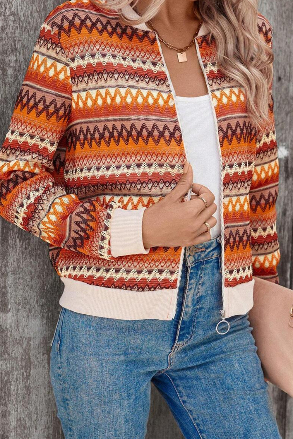 Orange Boho Striped Zip Up Long Sleeve Jacket Jackets JT's Designer Fashion