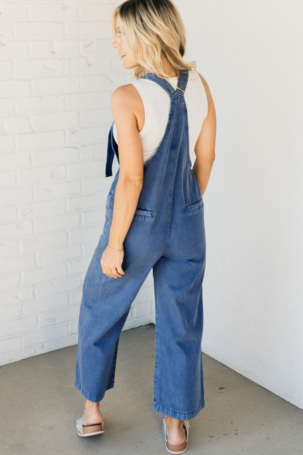 Prussian Blue Mineral Wash Knotted Strap Patched Pocket Wide Leg Denim Overalls Jumpsuits & Rompers JT's Designer Fashion