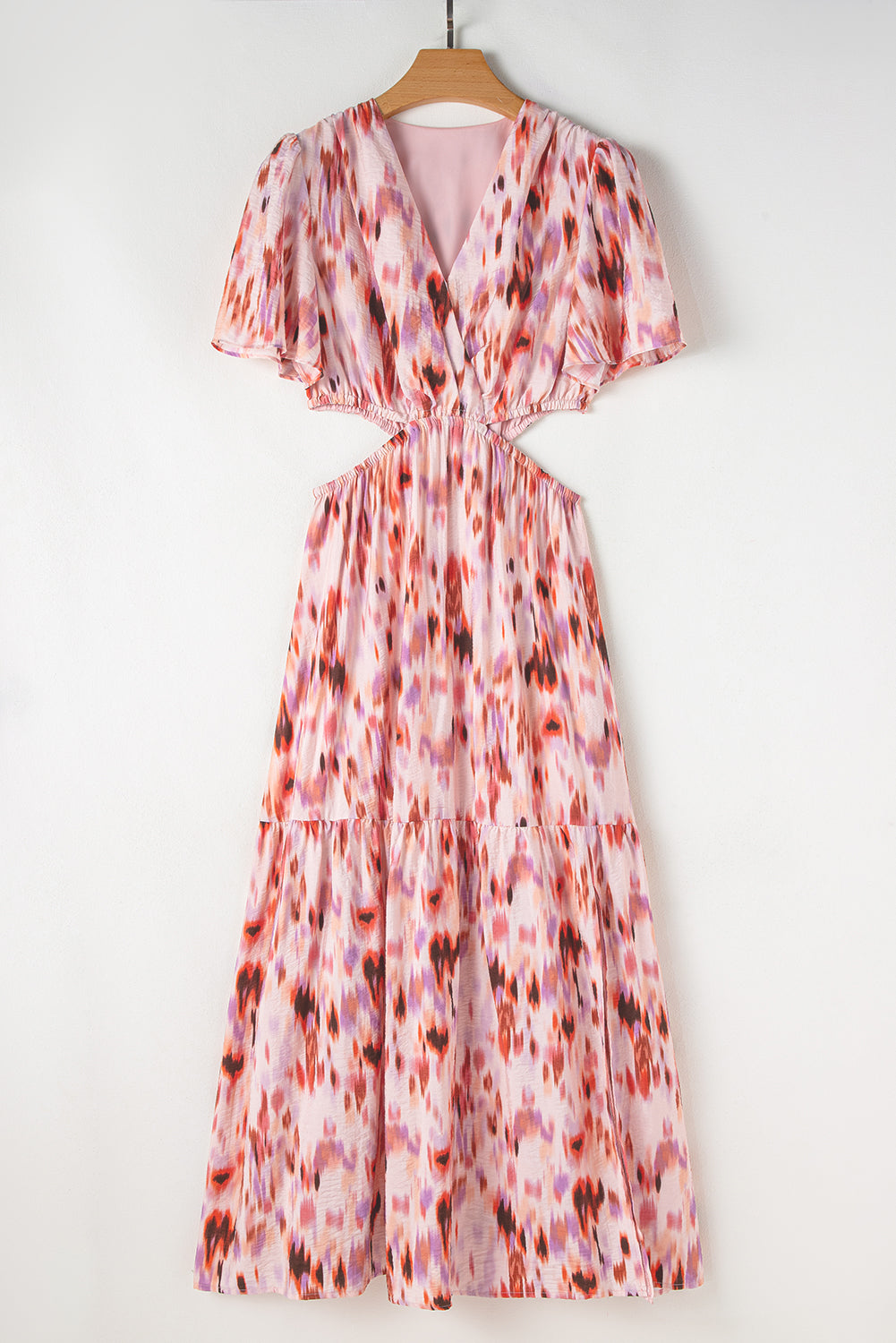 Pink Abstract Printed Flutter Sleeve Daring Cutout Long Dress Maxi Dresses JT's Designer Fashion