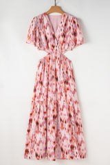 Pink Abstract Printed Flutter Sleeve Daring Cutout Long Dress Maxi Dresses JT's Designer Fashion
