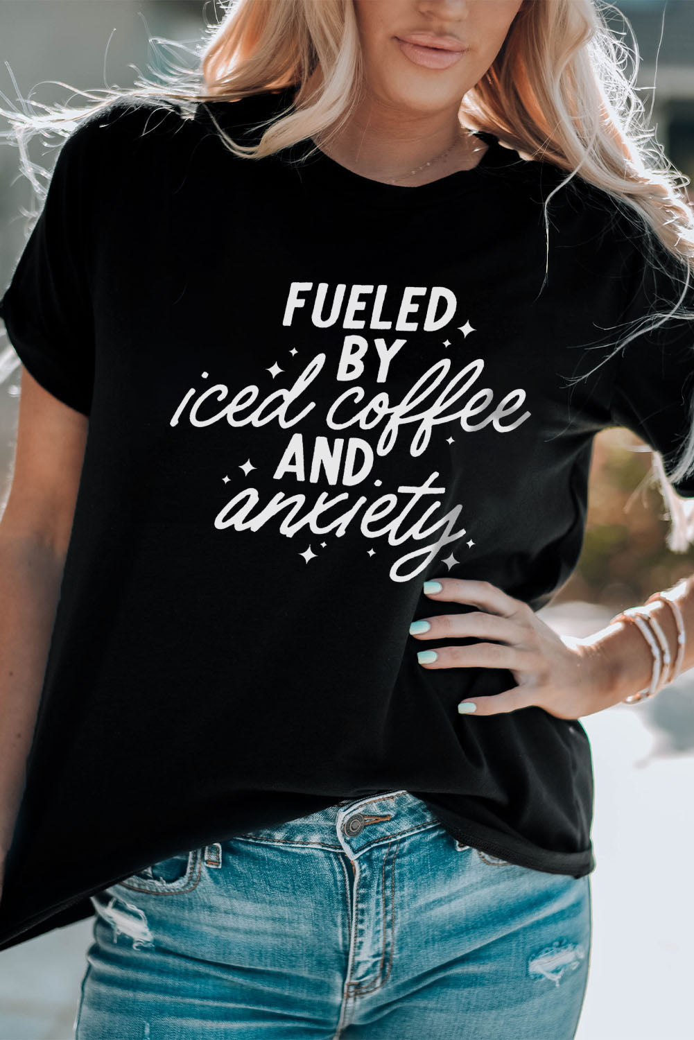 Black FUELED BY iced coffee AND anxiety Graphic Tee Graphic Tees JT's Designer Fashion