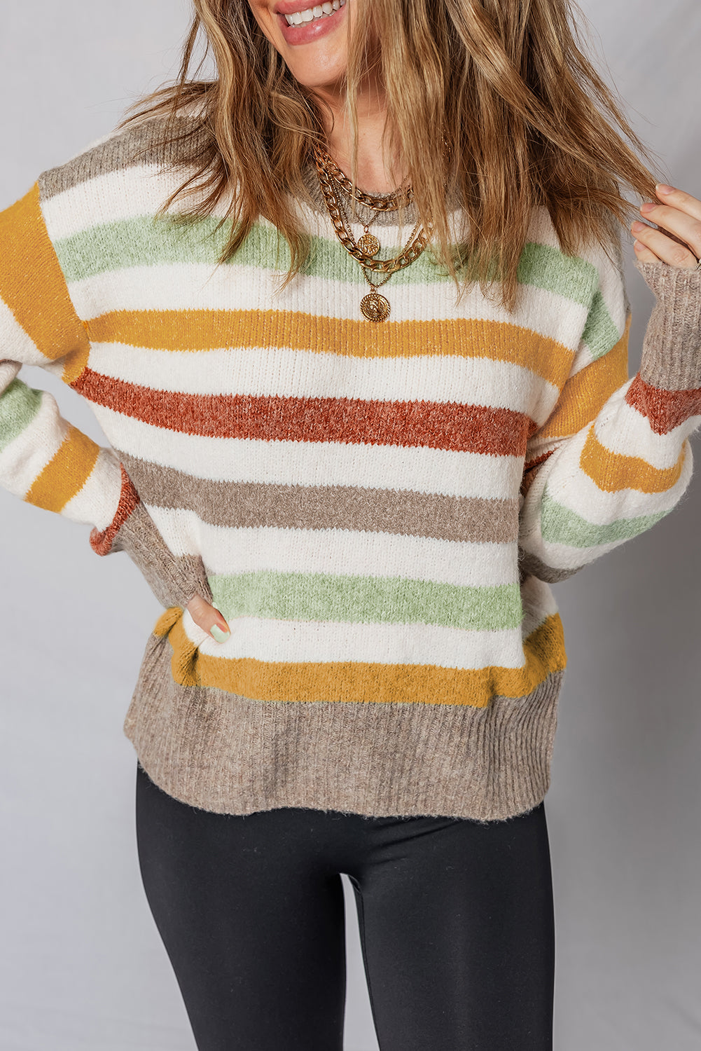 Multicolour Stripe Drop Shoulder Crew Neck Sweater Sweaters JT's Designer Fashion
