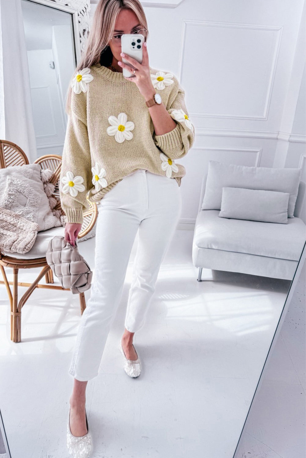 Parchment Floral Crochet Chunky Knit Sweater Sweaters JT's Designer Fashion
