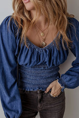 Smocked Long Sleeve Denim Top Long Sleeve Tops JT's Designer Fashion