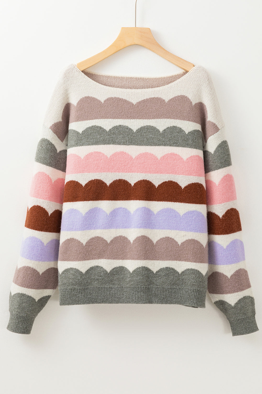 Gray Wave Striped Balloon Sleeve Drop Shoulder Sweater Sweaters JT's Designer Fashion
