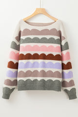 Gray Wave Striped Balloon Sleeve Drop Shoulder Sweater Sweaters JT's Designer Fashion