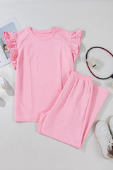 Pink Textured Pearled Ruffled Sleeve Wide Leg Pants Set Pant Sets JT's Designer Fashion