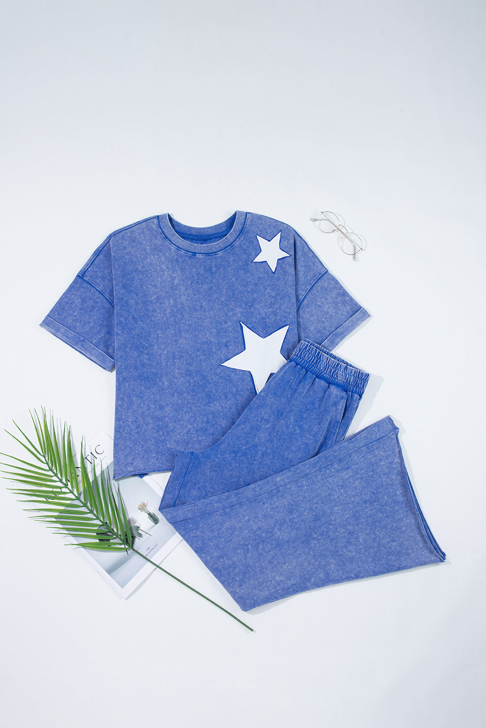 Ashleigh Blue Acid Wash Star Patched Rolled Trim Pants Set Pant Sets JT's Designer Fashion