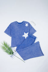 Ashleigh Blue Acid Wash Star Patched Rolled Trim Pants Set Pant Sets JT's Designer Fashion
