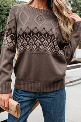 Light French Beige Western Geometric Patterned Crew Neck Knitted Sweater Sweaters JT's Designer Fashion