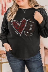 Black Rhinestone Heart Rugby Football Pattern Sequin Patched Sleeve Plus Size Top Black 90%Polyester+10%Elastane Graphic Plus Size JT's Designer Fashion