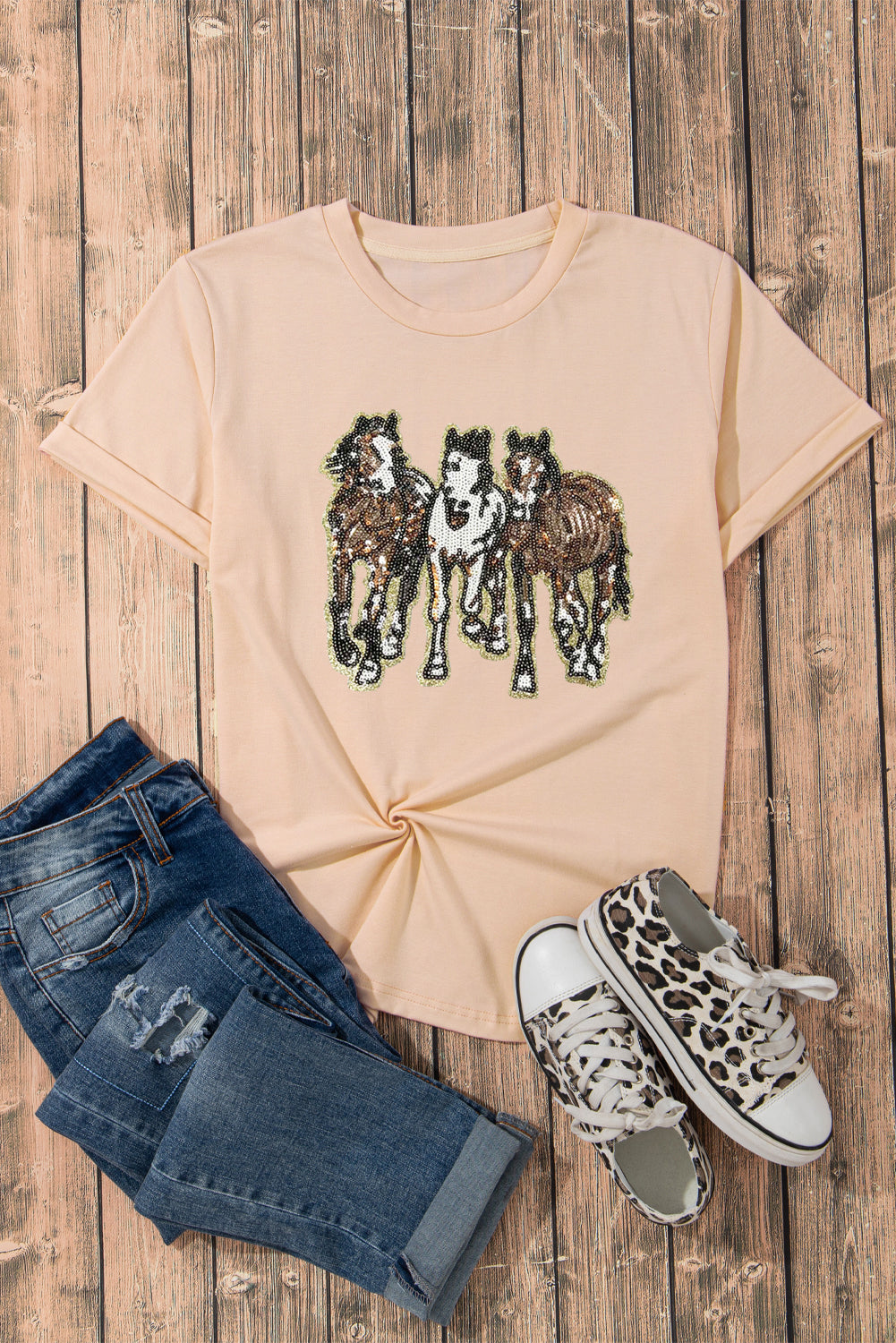 Khaki Sequin Horses Patched Casual Crewneck T Shirt Graphic Tees JT's Designer Fashion