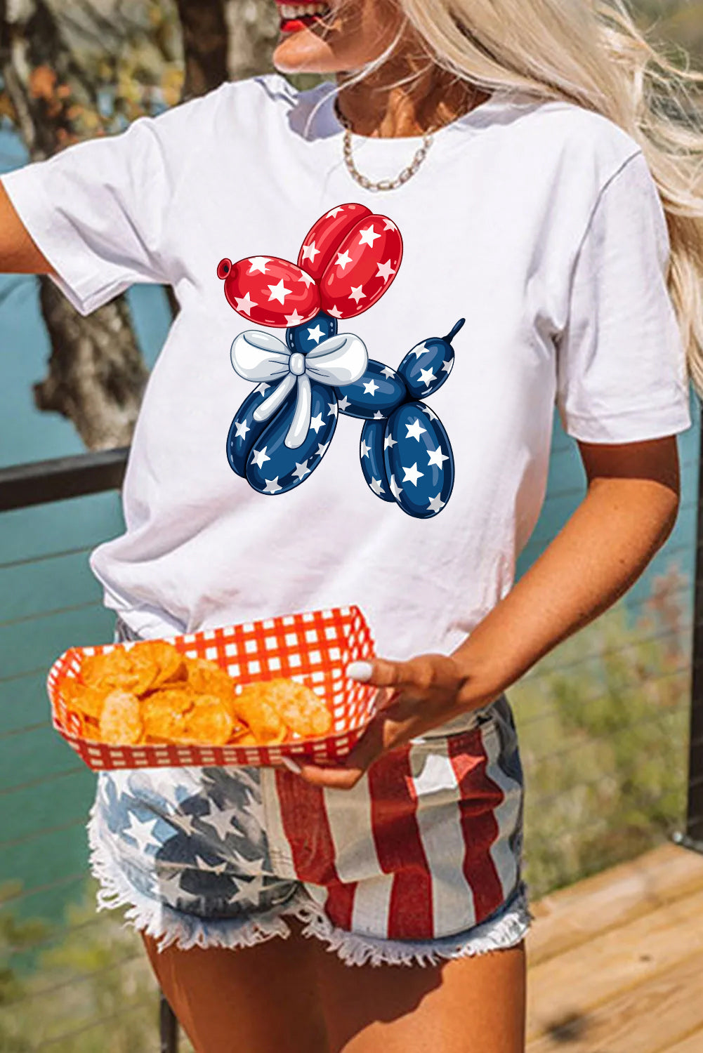 White American Flag Inspired Balloon Dog Graphic Cotton Blend T Shirt Graphic Tees JT's Designer Fashion