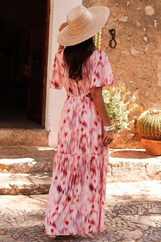 Pink Abstract Printed Flutter Sleeve Daring Cutout Long Dress Maxi Dresses JT's Designer Fashion