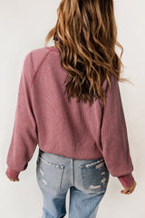 Fiery Red Waffle Knit Raglan Sleeve Henley Sweatshirt Sweatshirts & Hoodies JT's Designer Fashion