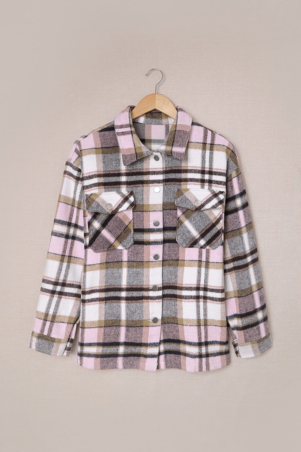 Pink Geometric Plaid Print Pocketed Shacket Plaid Shackets JT's Designer Fashion