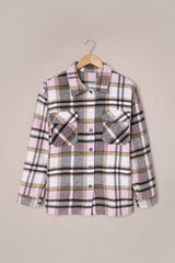 Pink Geometric Plaid Print Pocketed Shacket Plaid Shackets JT's Designer Fashion