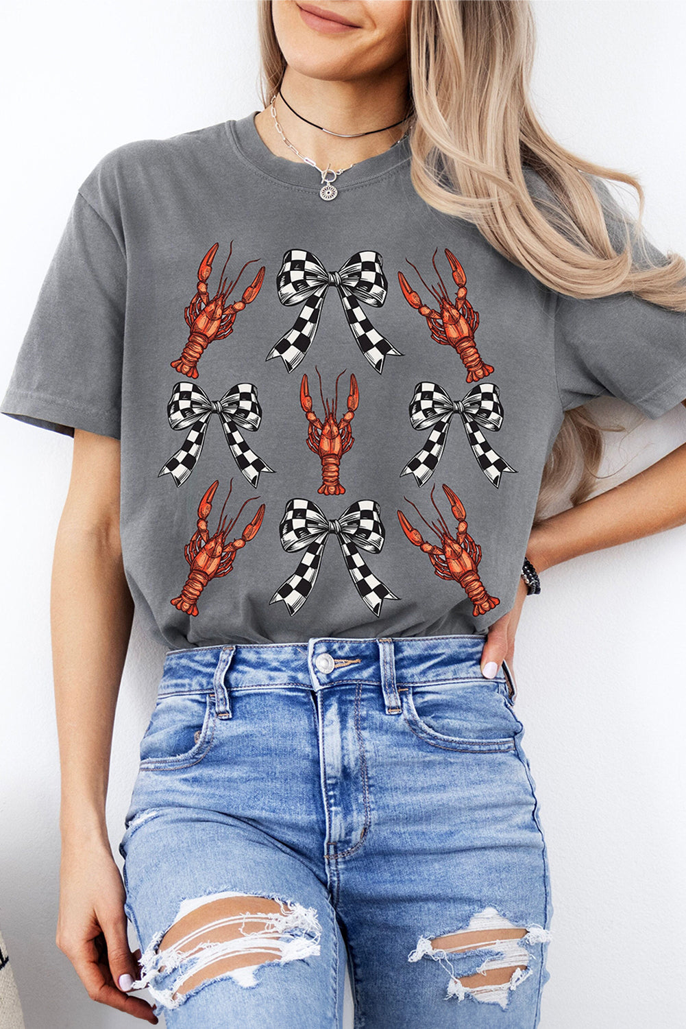 Gray Checkered Bow Crawfish Printed Summer Tee Graphic Tees JT's Designer Fashion