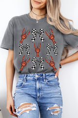 Gray Checkered Bow Crawfish Printed Summer Tee Graphic Tees JT's Designer Fashion