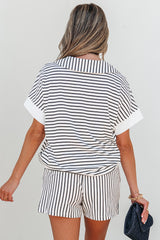 Black Stripe V Neck Tee and Casual Short Set Short Sets JT's Designer Fashion
