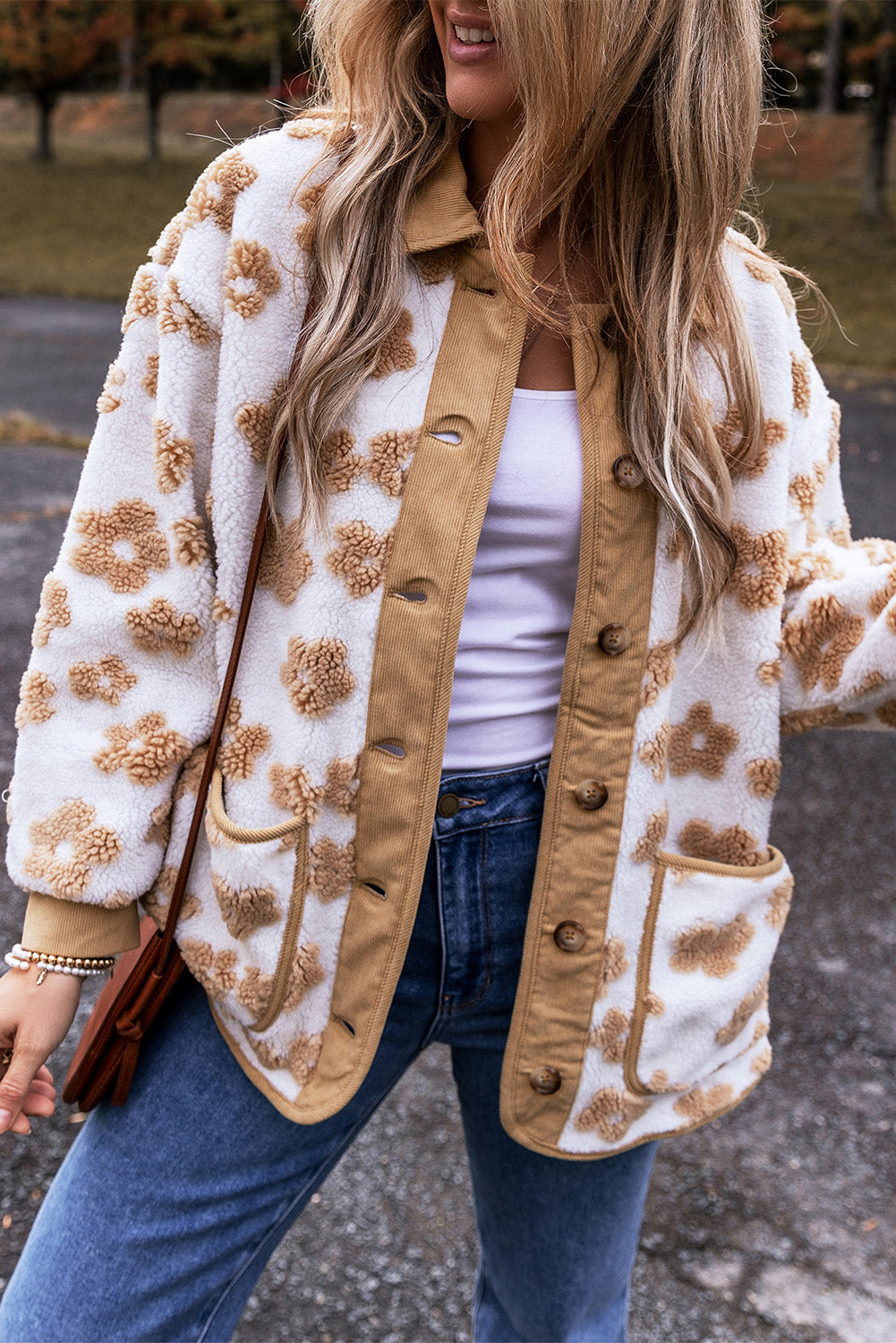 Light French Beige Cute Flower Pattern Button Up Fleece Jacket Jackets JT's Designer Fashion
