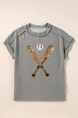 Medium Grey Sequin Baseball Pattern Ribbed Knit Crewneck T Shirt Graphic Tees JT's Designer Fashion