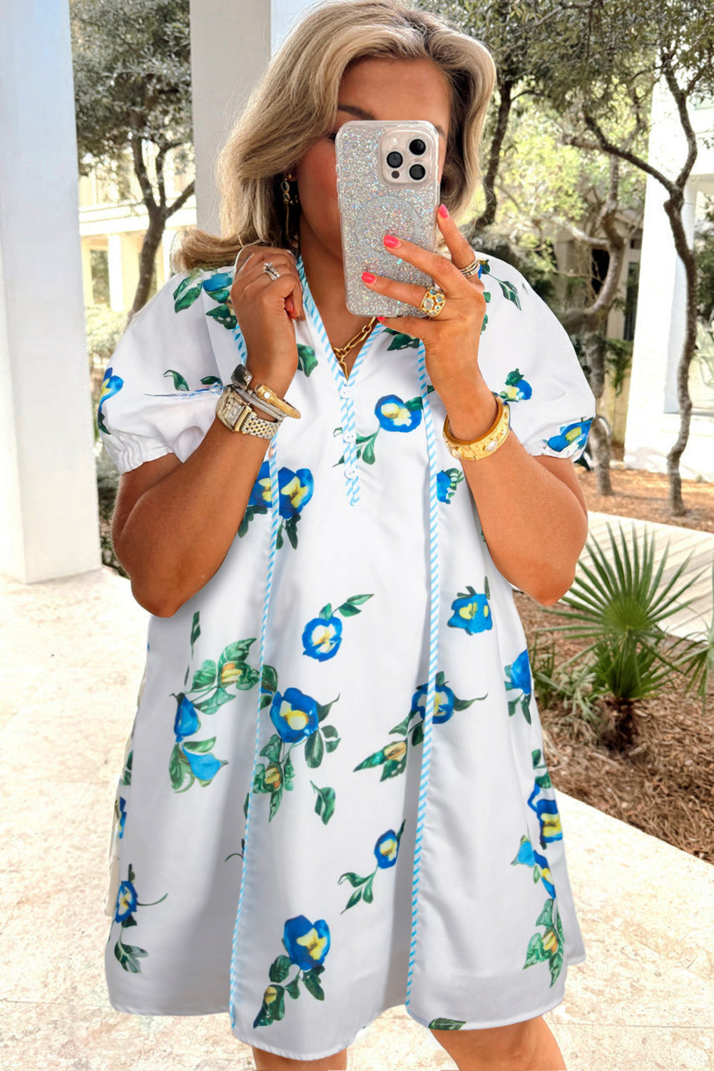 White Plus Size Floral Short Puff Sleeve Contrast Tie V Neck Dress Plus Size Mini Dresses JT's Designer Fashion
