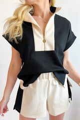 Black Contrast Zipped Stand Collared T Shirt and Short Set Black 50%Polyester+45%Viscose+5%Elastane Short Sets JT's Designer Fashion
