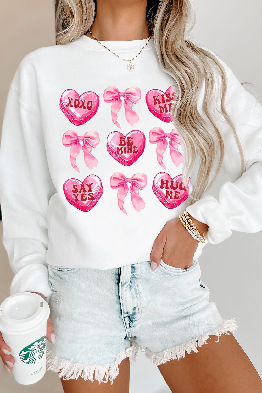 White Valentine Candy Heart & Bow Graphic Sweatshirt White 50%Polyester+50%Cotton Graphic Sweatshirts JT's Designer Fashion